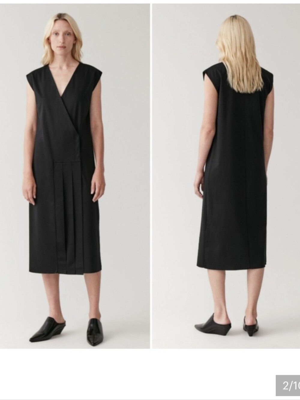 Cos,Black V-Neck Pleated Midi Dress - Elegant Minimalist